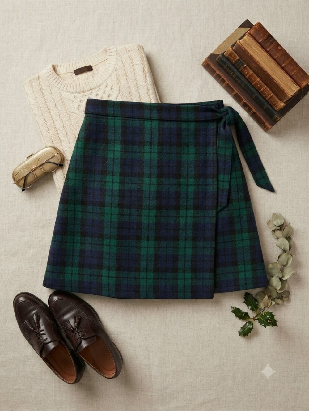 J.Crew Navy Green Plaid Wool Wrap Skirt